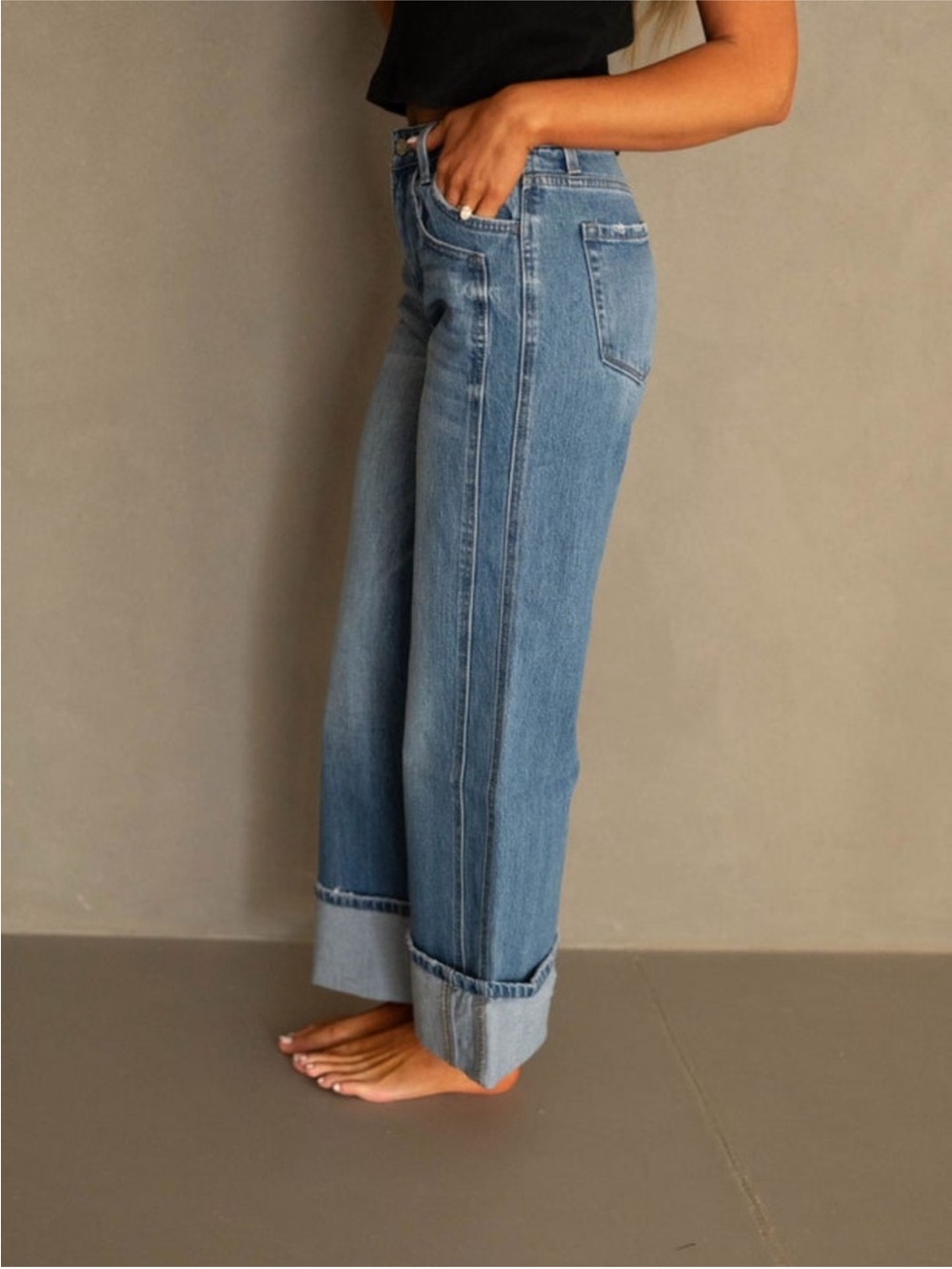 These Three Cuffed Wide-Leg High-Rise Jeans in Medium Blue